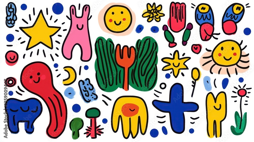 Playful Doodle Illustration with Bright Colors and Cheerful Elements Playful Doodle Illustration with Bright Colors and Cheerful Elements