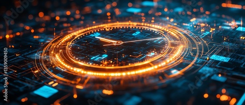 Wallpaper Mural Sleek digital clock embedded within a glowing timeline, featuring a background of shifting abstract data streams and futuristic interface elements Torontodigital.ca