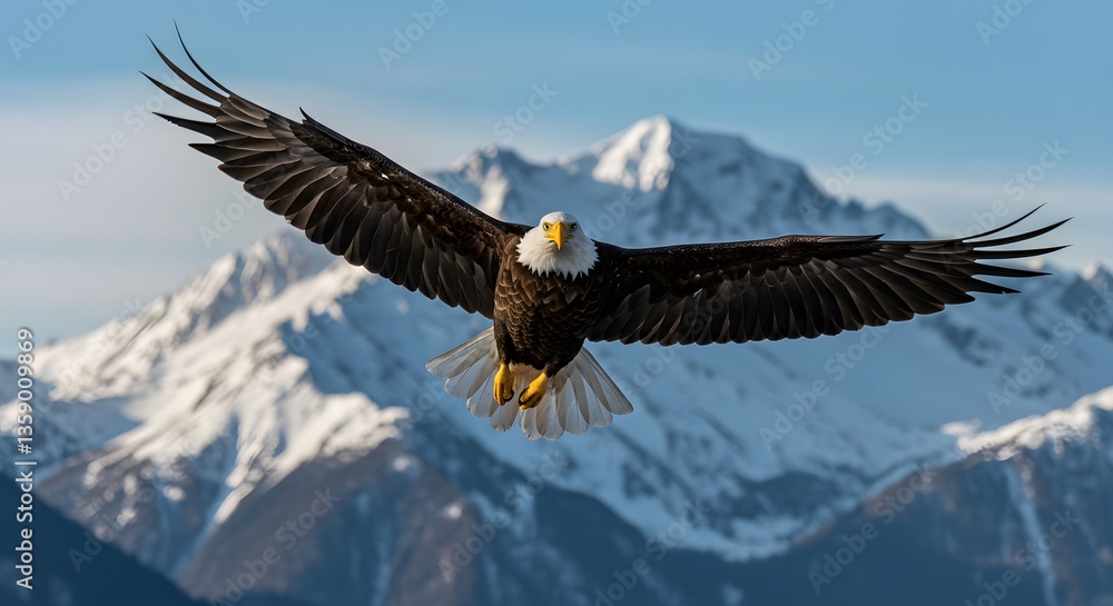 Obraz premium Majestic Bald Eagle Soaring Above Snowy Peaks