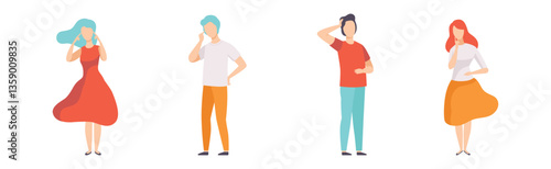 People Character Standing and Thinking or Making Decision Vector Set