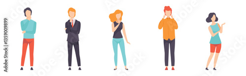 People Character Standing and Thinking or Making Decision Vector Set