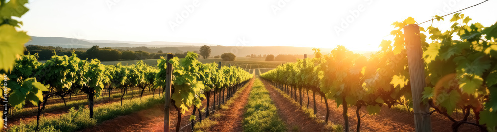 Naklejka premium sunlit rows of grapevines at sunset in a vineyard