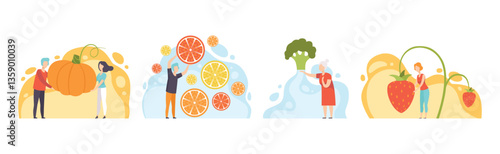 People Characters Harvesting Huge Vegetables and Fruits from Garden Vector Set