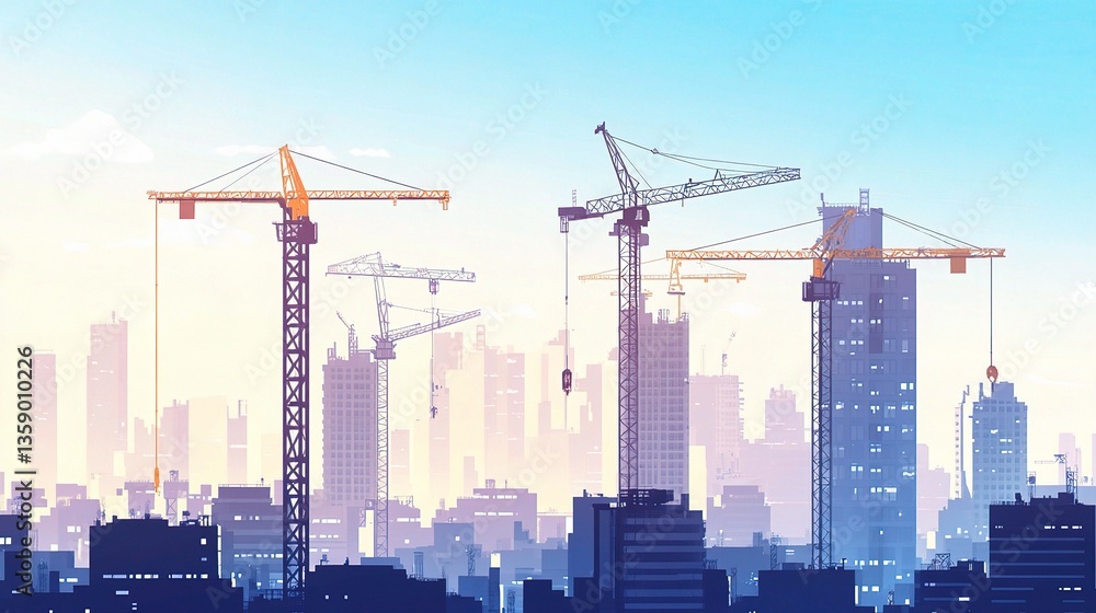 City Skyline with Multiple Cranes Working During Sunrise City Skyline with Multiple Cranes Working During Sunrise