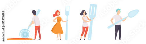 Man and Woman with Huge Kitchen Utensils Vector Set