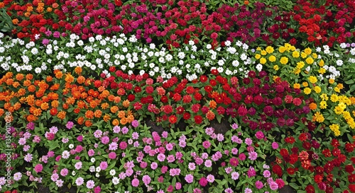A beautiful garden bed filled with colorful blooming zinnia flowers