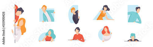 People Peeking Out of Shapes and Geometrical Form Vector Set