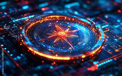 Wallpaper Mural Hightech digital compass with neon lights, against a blue backdrop, illustrating the concept of advanced data navigation and seamless online transport Torontodigital.ca