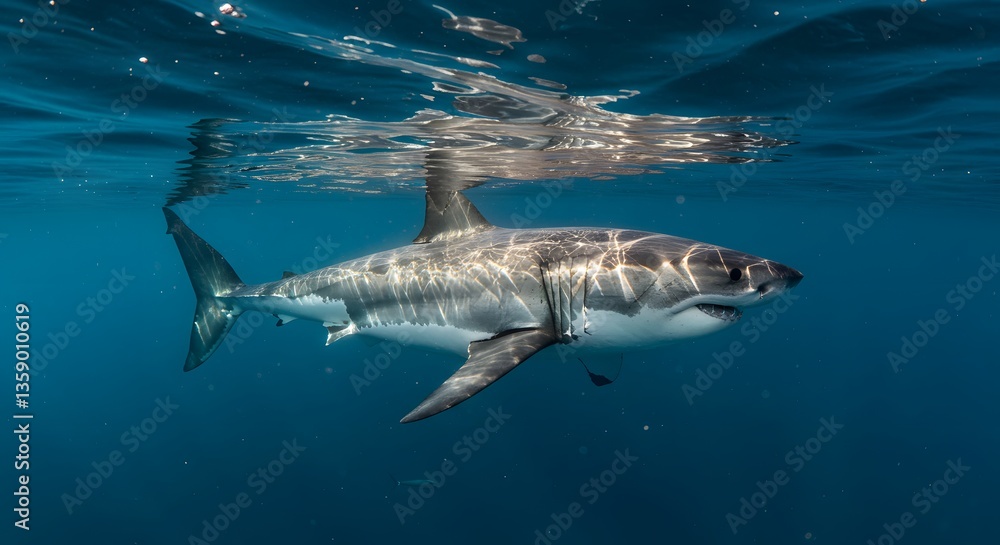 Fototapeta premium Great White Shark Hunting in Sunlit Ocean