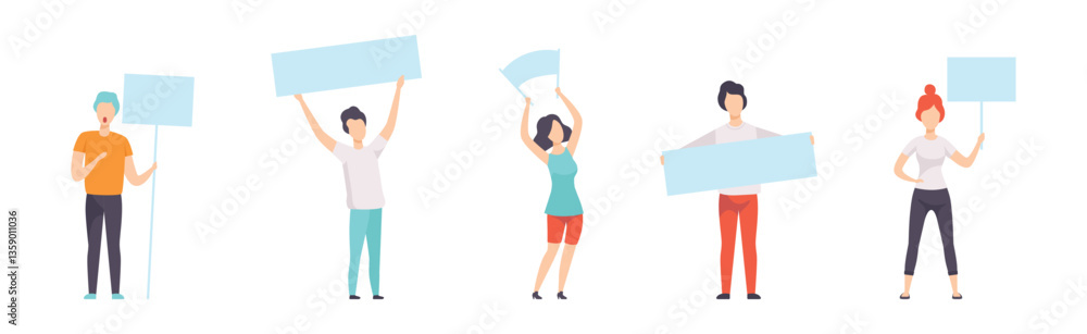 Man and Woman with Banner and Empty Poster Vector Set Man and Woman with Banner and Empty Poster Vector Set