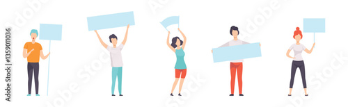 Man and Woman with Banner and Empty Poster Vector Set