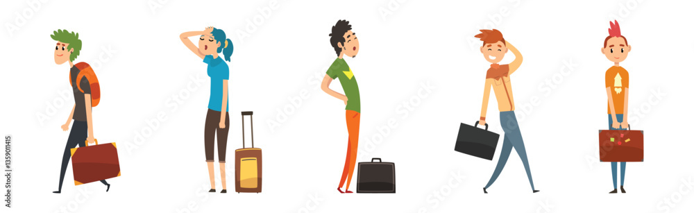 Man and Woman Travel with Heavy Suitcase and Bag Vector Set Man and Woman Travel with Heavy Suitcase and Bag Vector Set