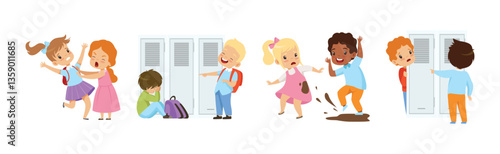 Angry Warring Boy and Girl Kid Bullying Weak Agemate Vector Set