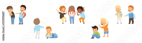 Angry Warring Boy Kid Bullying Weak Agemate Vector Set