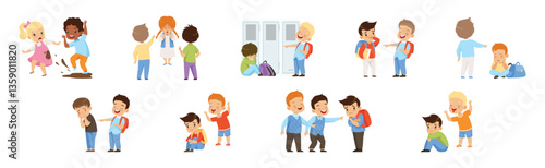 Angry Warring Boy Kid Bullying Weak Agemate Vector Set