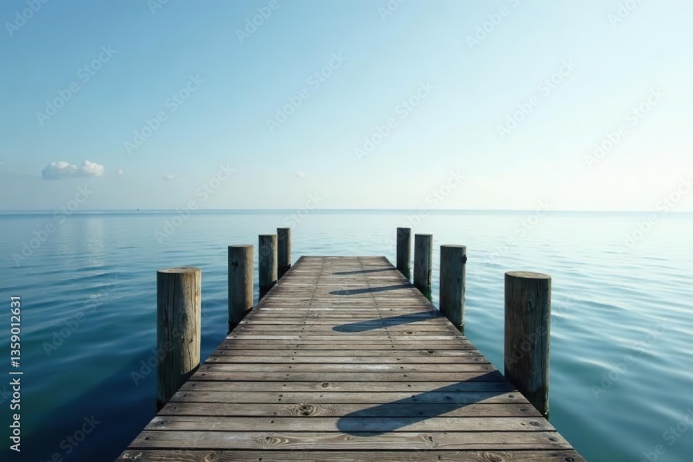A serene sea dock jutting out into calm waters, peaceful, destination A serene sea dock jutting out into calm waters, peaceful, destination