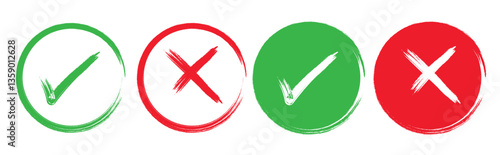 check mark icon button set. Green and black check mark, red cross mark icon set. check box icon with right and wrong buttons and yes or no checkmark icons in green tick box and red cross