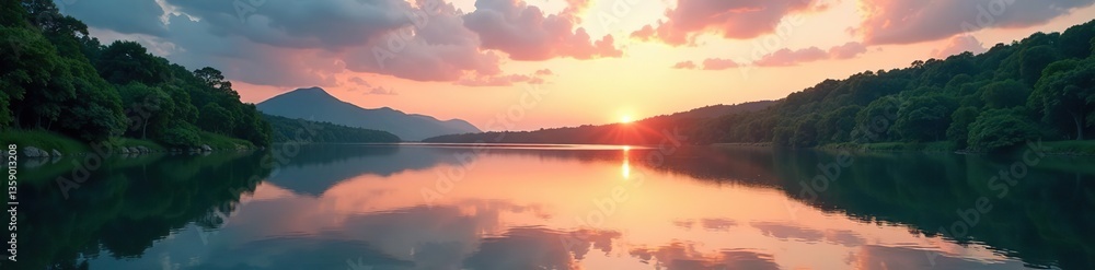Obraz premium A serene waterfront landscape with calm waters reflecting the surrounding lush greenery and colorful sunset sky, lush greenery, beauty