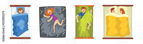 People Sleeping in Beds with Pillow Under Blanket Vector Set