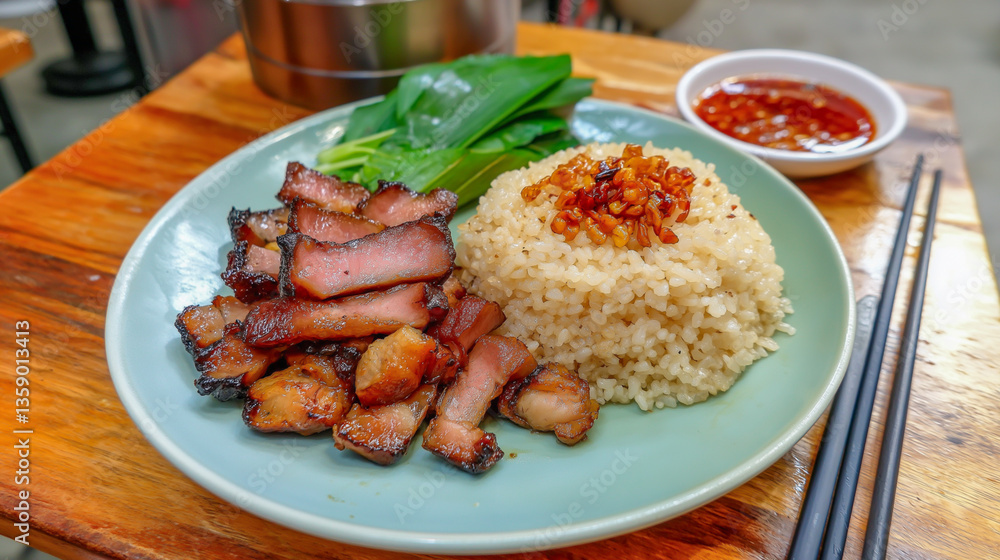 Savoring delicious char siew rice with tender pork and savory sauce served in a vibrant dining atmosphere Savoring delicious char siew rice with tender pork and savory sauce served in a vibrant dining atmosphere