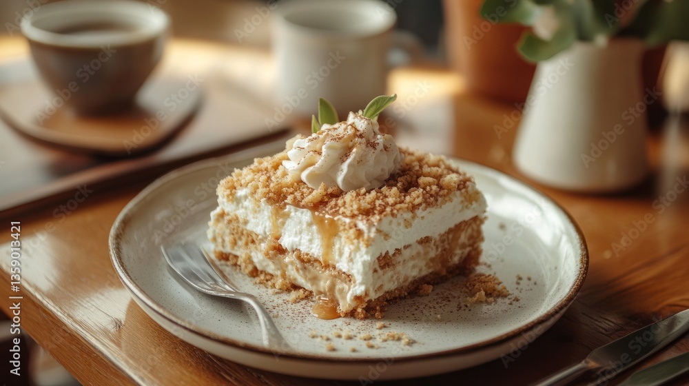 Creamy layered dessert, topped with whipped cream and crumbs Creamy layered dessert, topped with whipped cream and crumbs