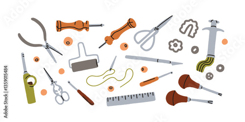Crafting tools set. DIY supplies for handiwork, needlework. Needlecraft, handwork equipments. Artisans accessories, scissors, awl, needle, knife. Flat vector illustration isolated on white background