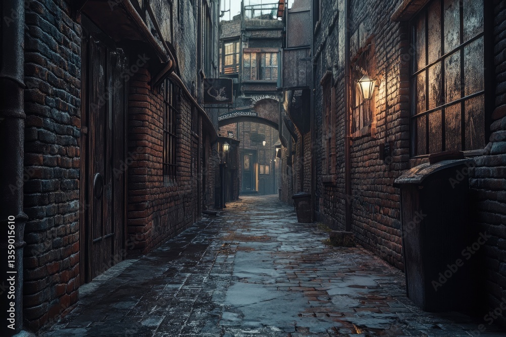 Fototapeta premium Exploring Moody Alleyway with Vintage Street Lamps and Wet Cobblestones