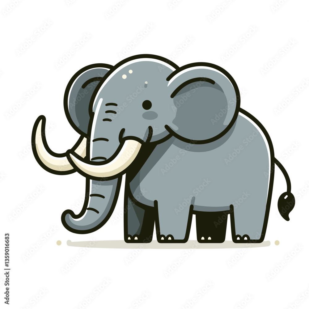 Grey elephant cartoon with large tusks in simple style, standing pose. Perfect for wildlife conservation education and safari tourism materials. Grey elephant cartoon with large tusks in simple style, standing pose. Perfect for wildlife conservation education and safari tourism materials.