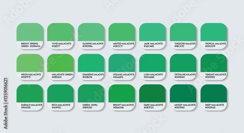 Malachite Green Color Guide Palette with color Names. Catalog Samples Malachite with RGB HEX codes and Names. Metal Colors Palette Vector, Green Color Palette, Fashion Trend Malachite Color Palette