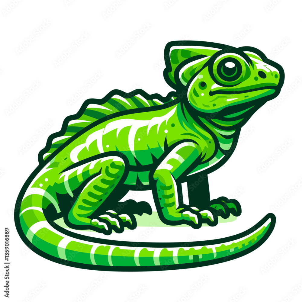 Naklejka premium Green iguana with detailed scales on white background. Ideal for reptile illustrations, exotic pet care information, or tropical wildlife educational content.