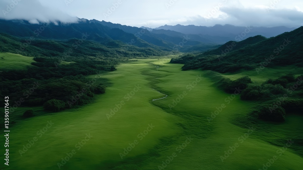 Fototapeta premium Lush valley, verdant, scenic, mountainous, green, aerial view. Tranquil, nature, scenic landscape