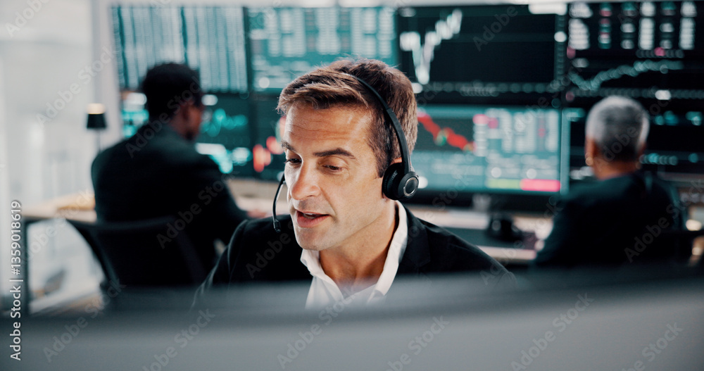 Fototapeta premium Financial broker, man and headset by computer for customer service, trading investment or market insight. Call center, stocks advisor and client query for finance news, deal negotiation or assistance