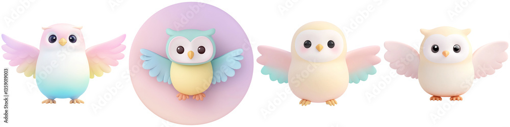 Cute cartoon animals and owl friendly, A collection of cute, stylized owl figures in various pastel colors, each with unique wing designs and expressions. Cute cartoon animals and owl friendly, A collection of cute, stylized owl figures in various pastel colors, each with unique wing designs and expressions.