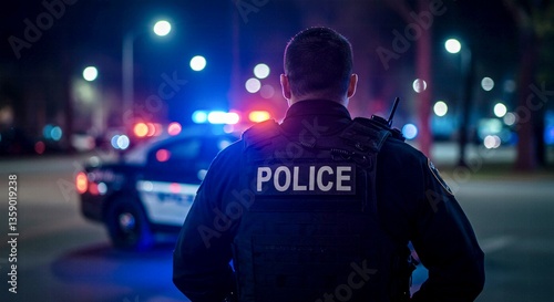 Nighttime Police Officer, Crime Scene, Emergency Response, Flashing Lights, City Street, Law Enforcement, Uniform, Back View, Darkness, Duty