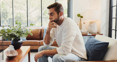 Canvastavla Thinking, crisis and man in home with stress for bankruptcy, financial challenge or difficult decision