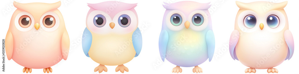 Fototapeta premium Cute cartoon animals and owl friendly, Four cute and colorful cartoon owls with various pastel shades and big eyes, showcasing playful designs and expressions.