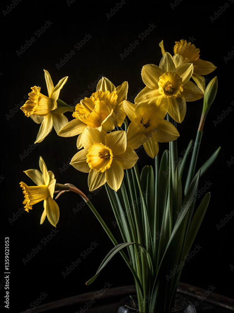 Obraz premium A striking bouquet of daffodils illuminated by a soft, directional light, casting gentle shadows against a deep black background. The bright yellow petals contrast beautifully with the darkness