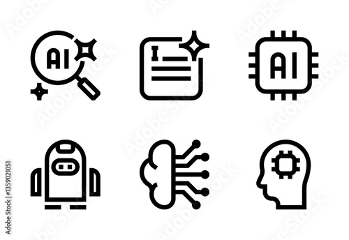AI icon set, vector, in LINE style, for technology, artificial intelligence, graphic design, web, etc.