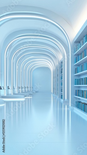 Modern Minimalist Library Interior with Archways and Bright Lighting