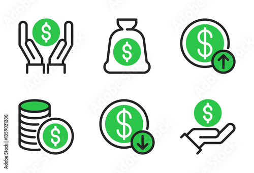 Investment icon set, vector, in outline color style for banking, finance, money, economy, business, etc