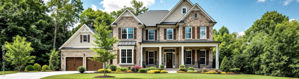 Fototapeta premium luxurious family home with stone facade and lush greenery