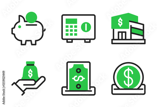 Savings icon set, vector, in outline color style for banking, finance, money, economy, business, etc.