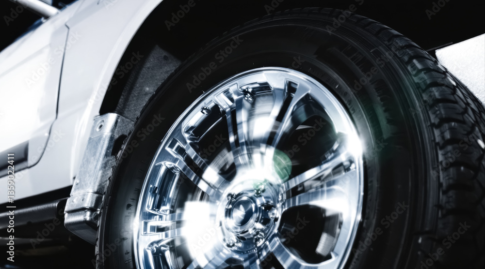 close-up of a wheel and tire on a white vehicle close-up of a wheel and tire on a white vehicle