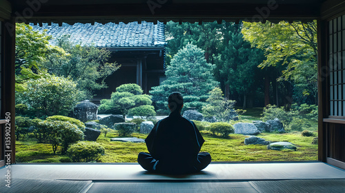 A view of a monk practicing Zen meditation, a temple and a Japanese garden