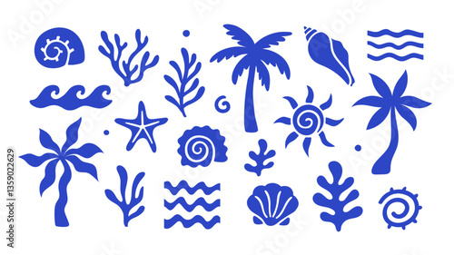Abstract modern vector sea ocean vacation elements in simple wavy and groovy naive style. Design vintage trendy templates