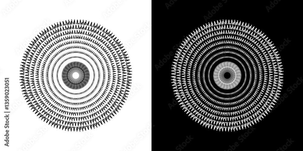 Abstract background with line pattern forming circle. Spiral art design as logo or icon. Black lines on white background and same white lines on black side. Mandala with line pattern. Abstract background with line pattern forming circle. Spiral art design as logo or icon. Black lines on white background and same white lines on black side. Mandala with line pattern.