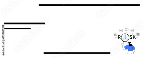 Businessperson holding magnifying glass examining risk, surrounded by exclamation mark and conceptual icons. Ideal for strategy, decision-making, analytics, goals, uncertainty, challenges, abstract