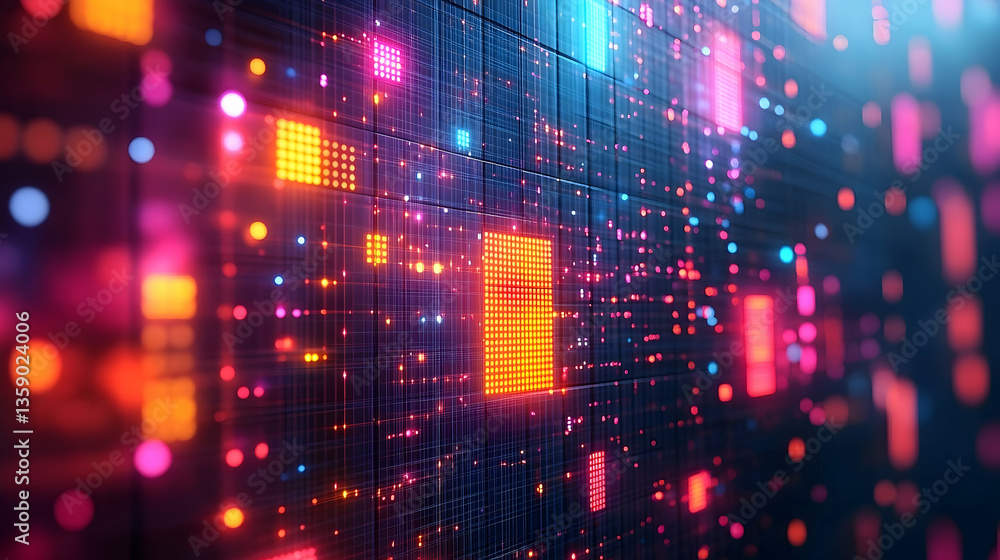 Abstract digital background with glowing squares and dots in vibrant colors, creating a futuristic atmosphere Abstract digital background with glowing squares and dots in vibrant colors, creating a futuristic atmosphere