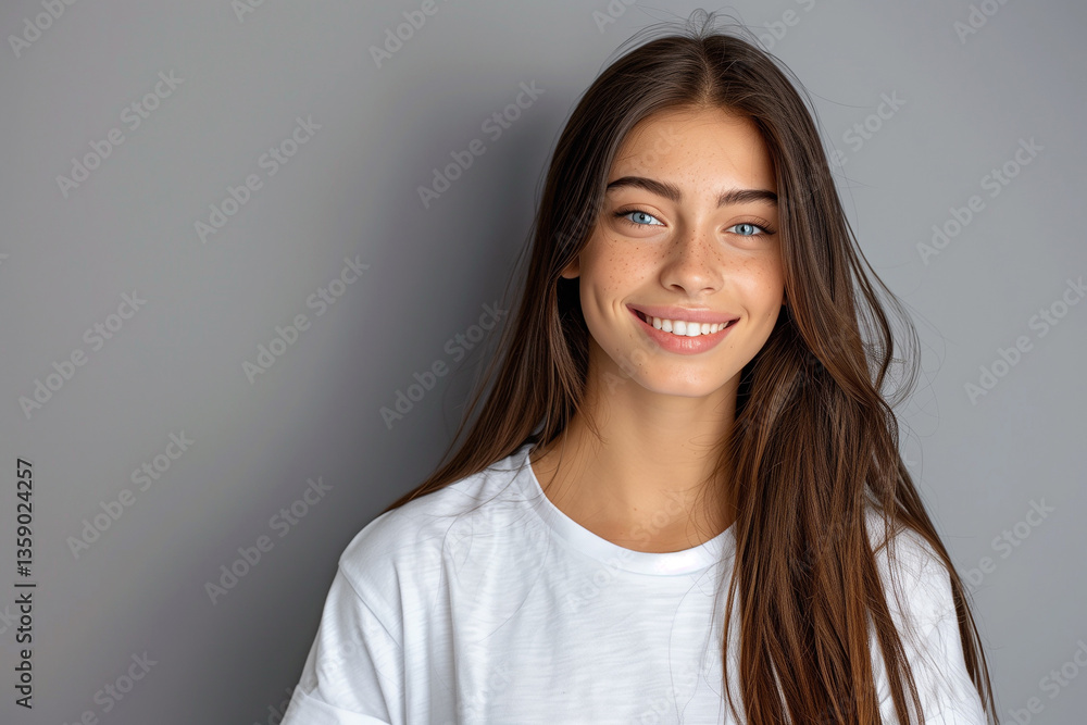 Obraz premium Nice young woman with cute smile wearing white t-shirt indoor portrait