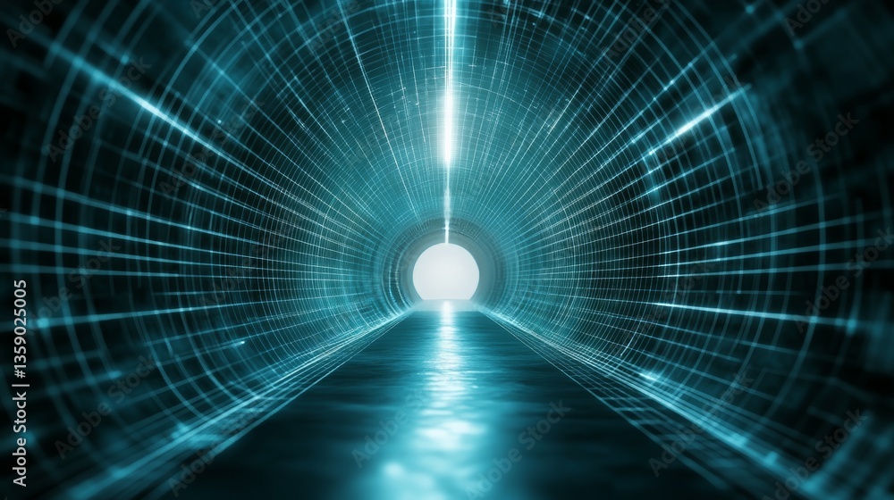 Fototapeta premium Realistic 3d wireframe tunnel with perspective grid background for enhanced visual depth